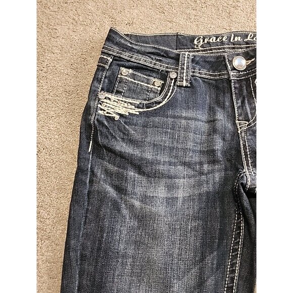 Grace In LA Women's Size 9/28 Embellished Flap Pockets  Heavy Stitch Bootcut - Picture 6 of 16